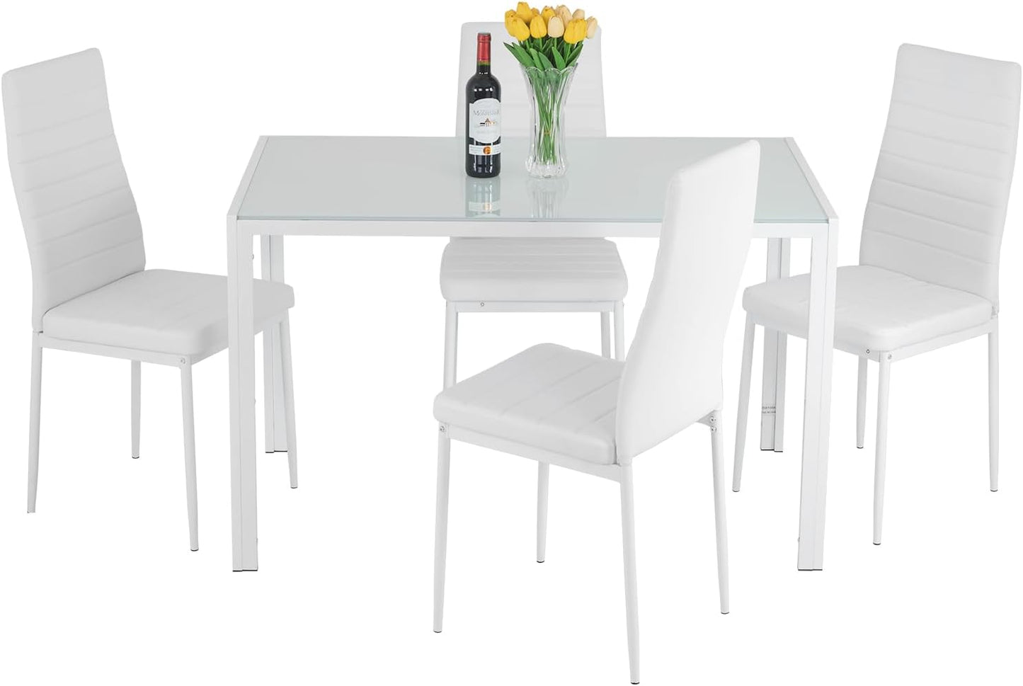 FDW | 5-Piece Dining Table Set | Glass Kitchen Table with 4 Upholstered Chairs | Space-Saving Design | Faux Leather Cushions | Modern Rectangular Table | Black | for Dining Room, Small Spaces