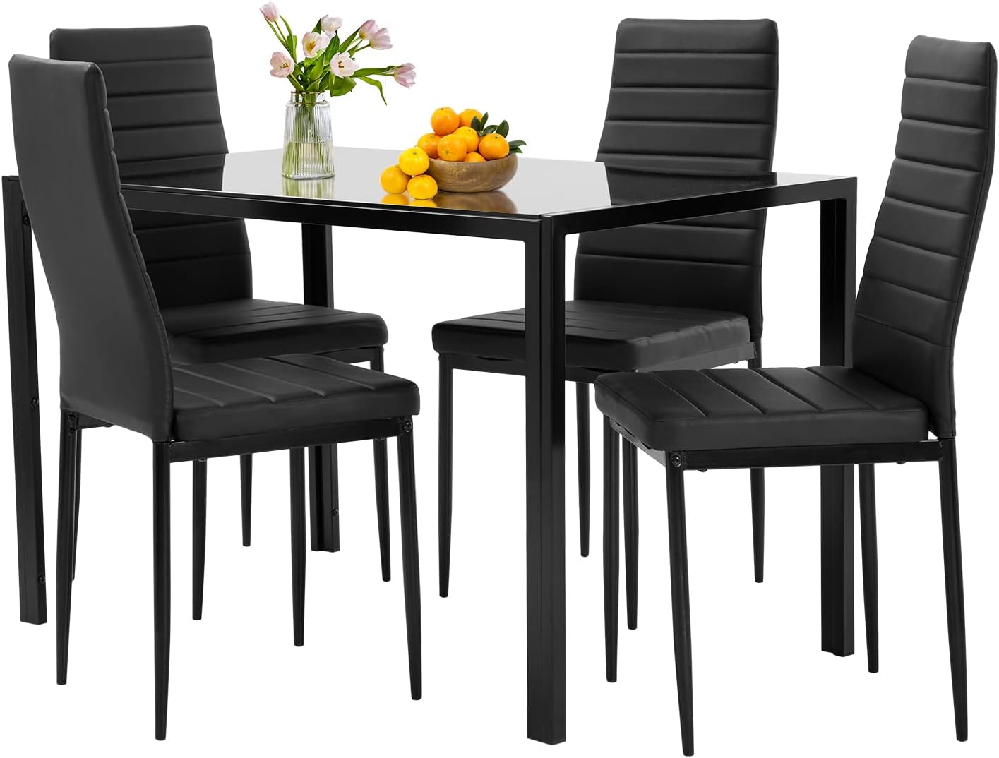 FDW | 5-Piece Dining Table Set | Glass Kitchen Table with 4 Upholstered Chairs | Space-Saving Design | Faux Leather Cushions | Modern Rectangular Table | Black | for Dining Room, Small Spaces