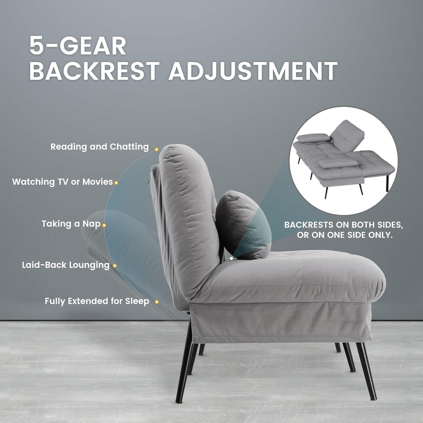 COMHOMA Convertible Sofa Bed,68″Fabric Couch with Adjustable Backrest,Loveseat Recliner Sleeper Living Room Furniture futon Set (Grey)