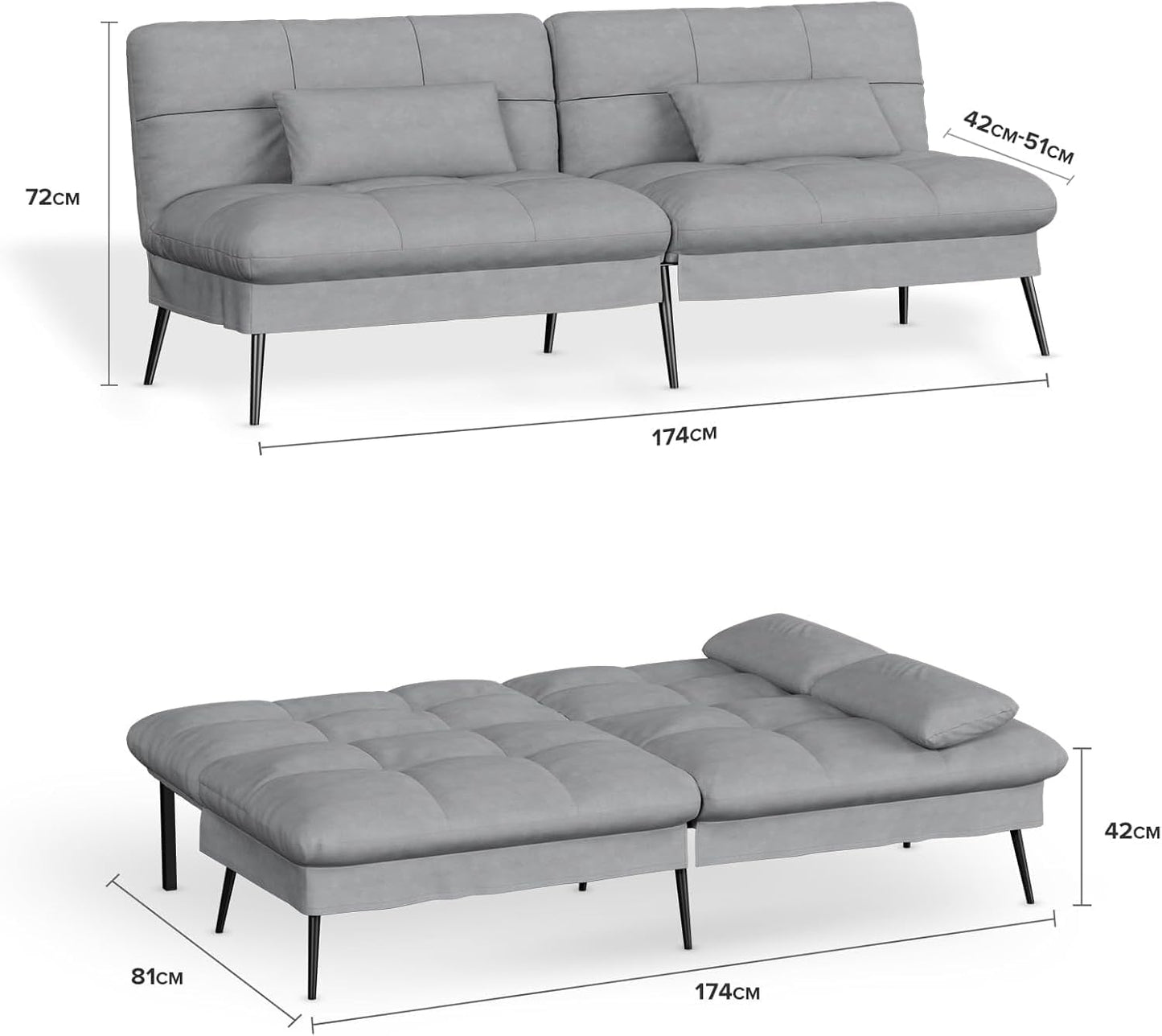 COMHOMA Convertible Sofa Bed,68″Fabric Couch with Adjustable Backrest,Loveseat Recliner Sleeper Living Room Furniture futon Set (Grey)