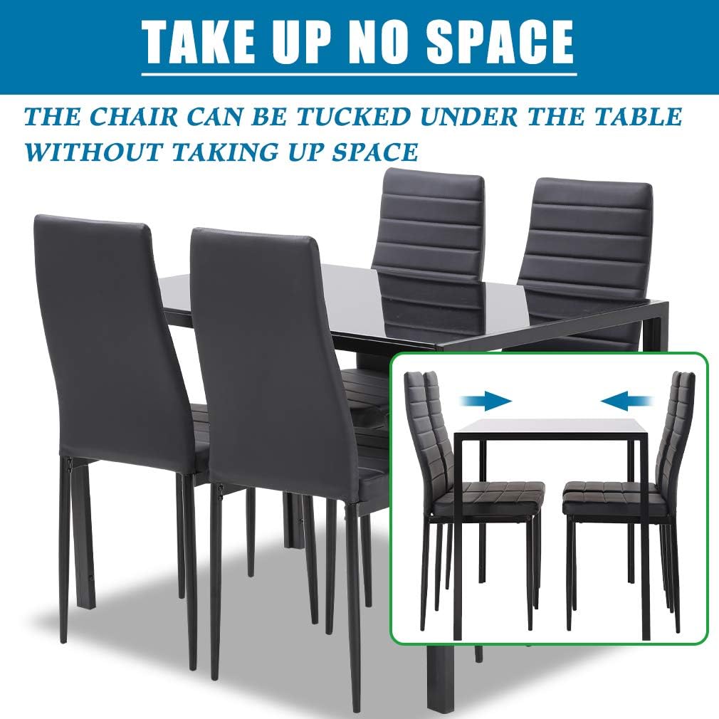 FDW | 5-Piece Dining Table Set | Glass Kitchen Table with 4 Upholstered Chairs | Space-Saving Design | Faux Leather Cushions | Modern Rectangular Table | Black | for Dining Room, Small Spaces