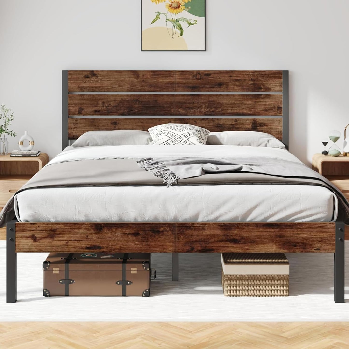 Full Bed Frame with Headboard and Footboard, Metal Full Bed Frame with Under Bed Storage, All-Metal Support System, No Box Spring Needed, Easy Assembly,Rustic Brown