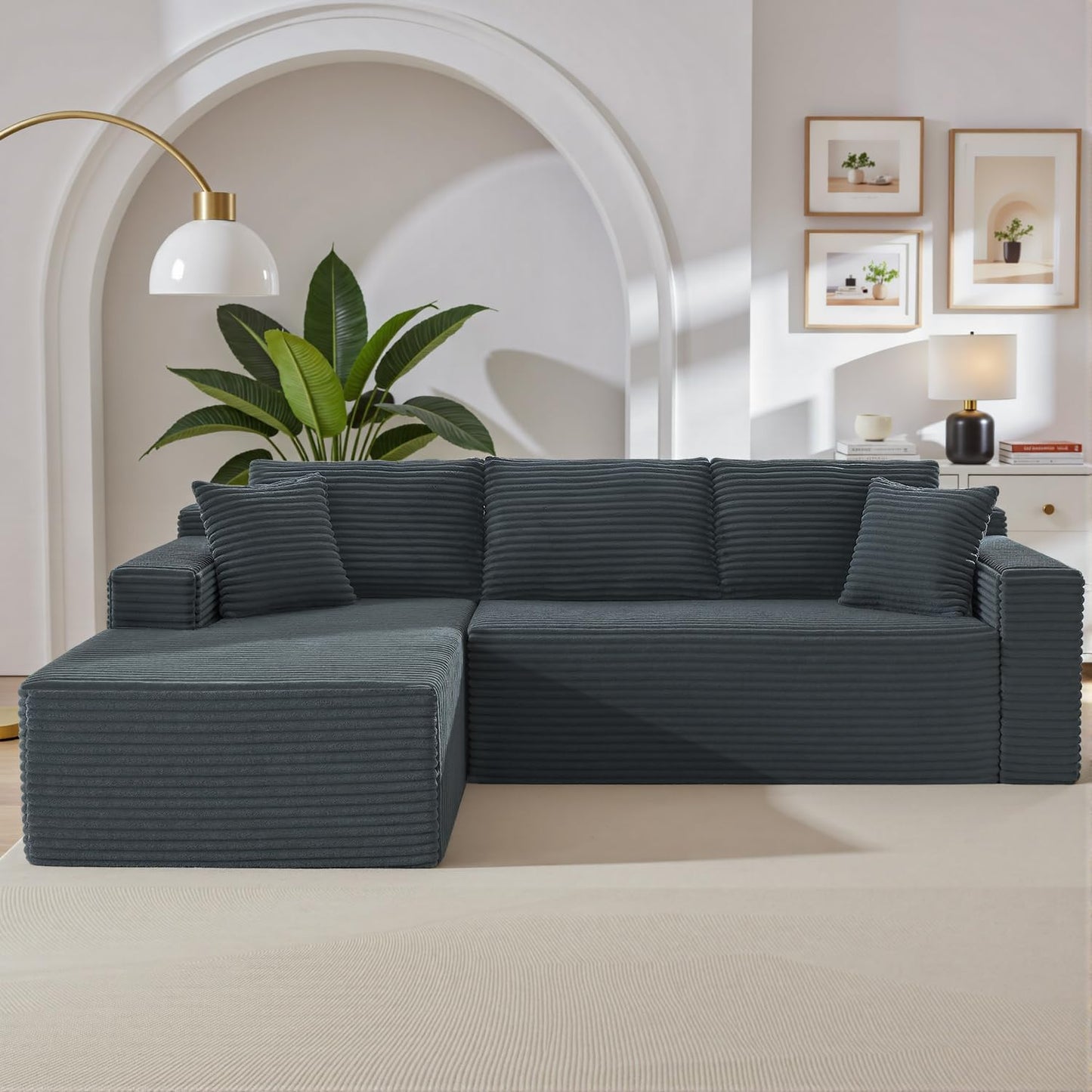 105 Inch Cloud Sectional Couch,Modern Modular Sectional Sofa with Deep Seat,Corduroy Boneless Couches with L-Shape Chaise for Living Room Bedroom,No Assembly Required (Black, Left Facing Chaise)