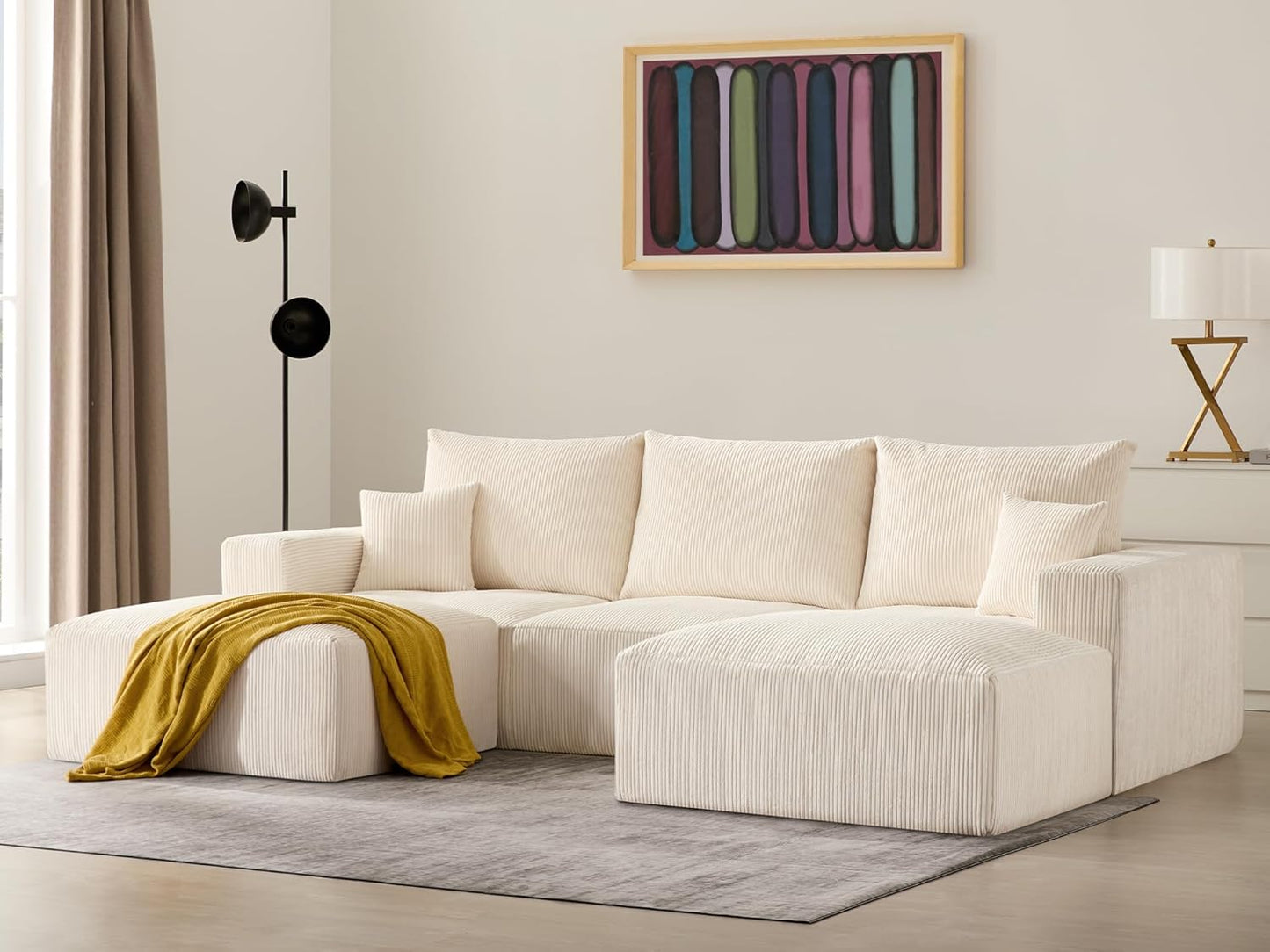 Sectional Cloud Boneless Sofa Bed Couches for Living Room-113'' Beige 3 Seater Modern Lounge Sleeper Couch-No Assembly-Modular Corduroy Convertible Sponge Compression Sofas with Chaise for Home House