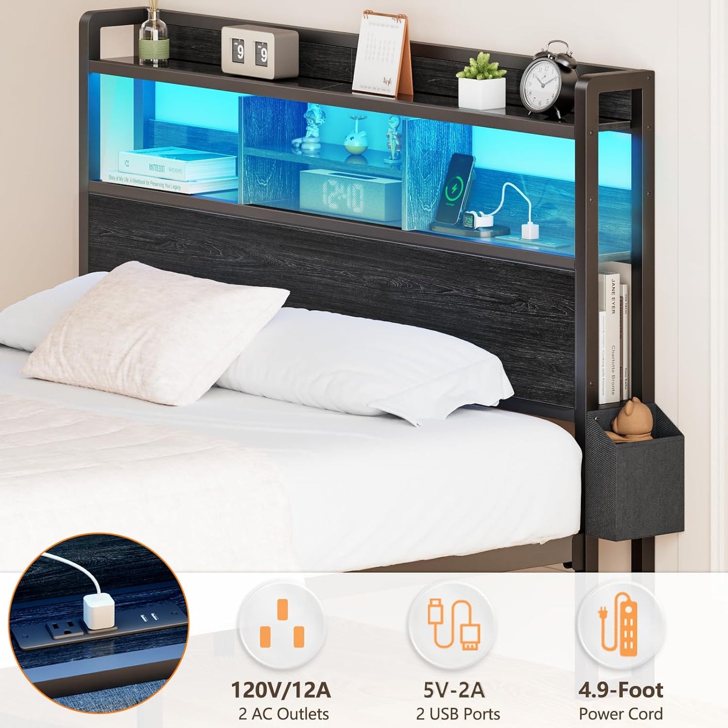 Furnulem Full Size Bed Frame with Wood Headboard, Metal Platform Bed Frame Full Size with Storage Drawers and Shelf, LED Lights and Charging Station, No Box Spring Needed, Noise Free, Black