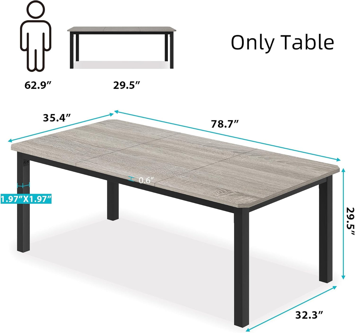 GarveeHome Industrial Dining Table for 6-8 People, 78.7" Long Wooden Kitchen Table with Sturdy Metal Frame & Rustic Brown Finish - Seats 6 Rectangular Counter for Dinner, Kitchen (Grey, Only Table)
