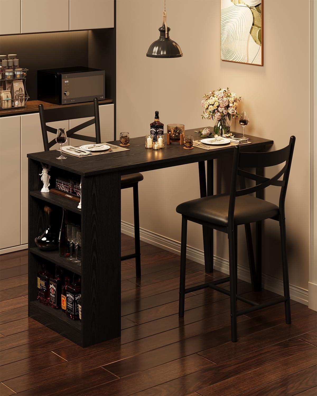 GAOMON 3 Piece Bar Table Set for 2, Bar Table and Chairs Set with with Flip Top Extension, Dining Table Set with Storage Shelves, Suitable for Small Space Kitchen Apartment, Brown
