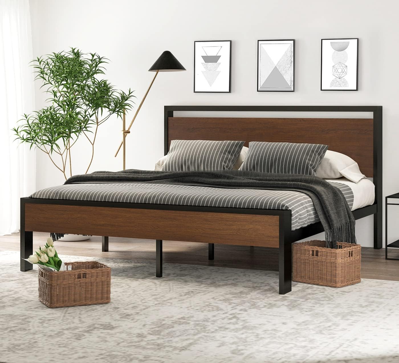 SHA CERLIN 14 Inch Full Size Metal Platform Bed Frame with Wooden Headboard and Footboard, Mattress Foundation, No Box Spring Needed, Large Under Bed Storage, Non-Slip Without Noise, Mahogany