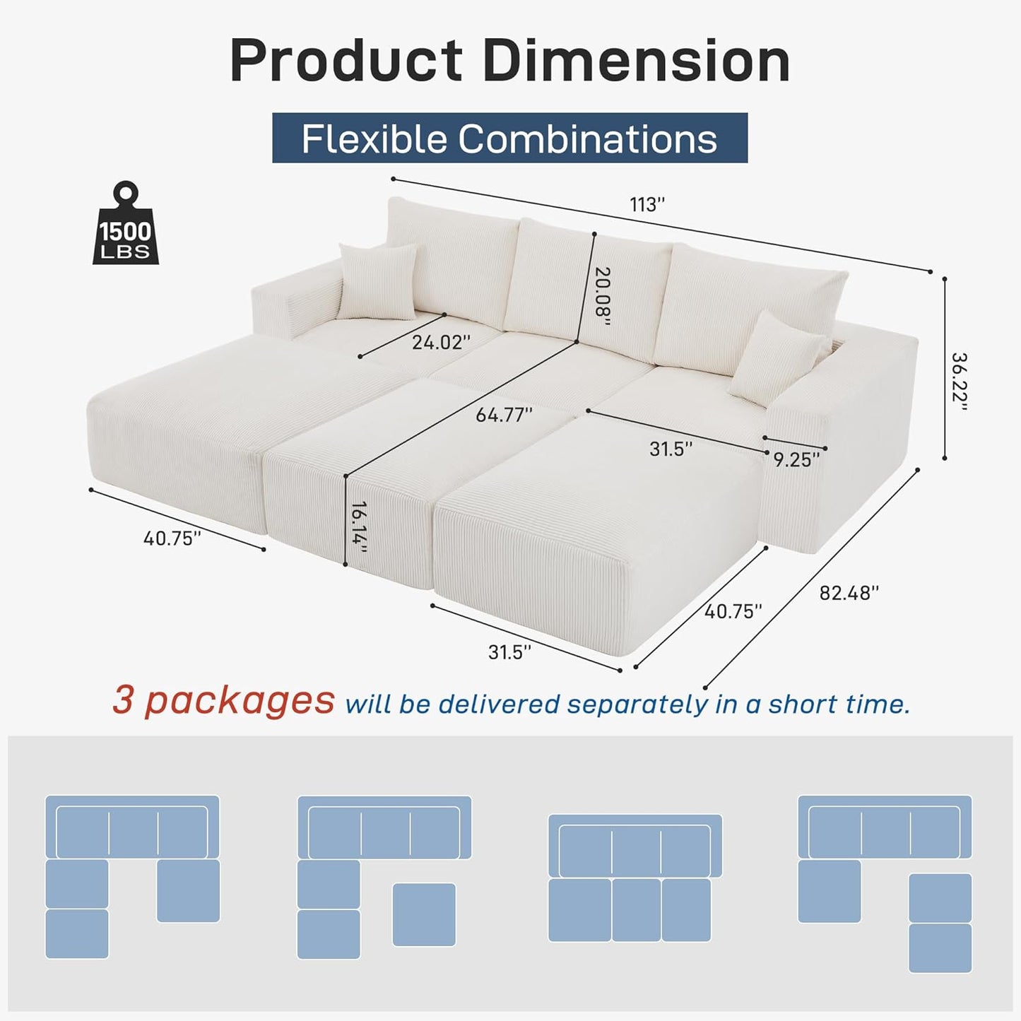 Sectional Cloud Boneless Sofa Bed Couches for Living Room-113'' Beige 3 Seater Modern Lounge Sleeper Couch-No Assembly-Modular Corduroy Convertible Sponge Compression Sofas with Chaise for Home House