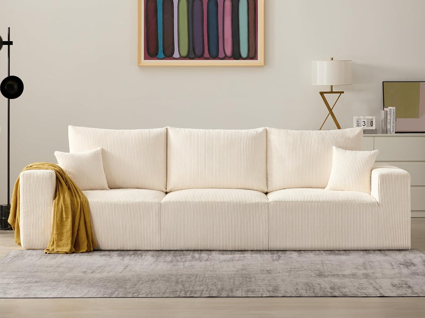 Sectional Cloud Boneless Sofa Bed Couches for Living Room-113'' Beige 3 Seater Modern Lounge Sleeper Couch-No Assembly-Modular Corduroy Convertible Sponge Compression Sofas with Chaise for Home House