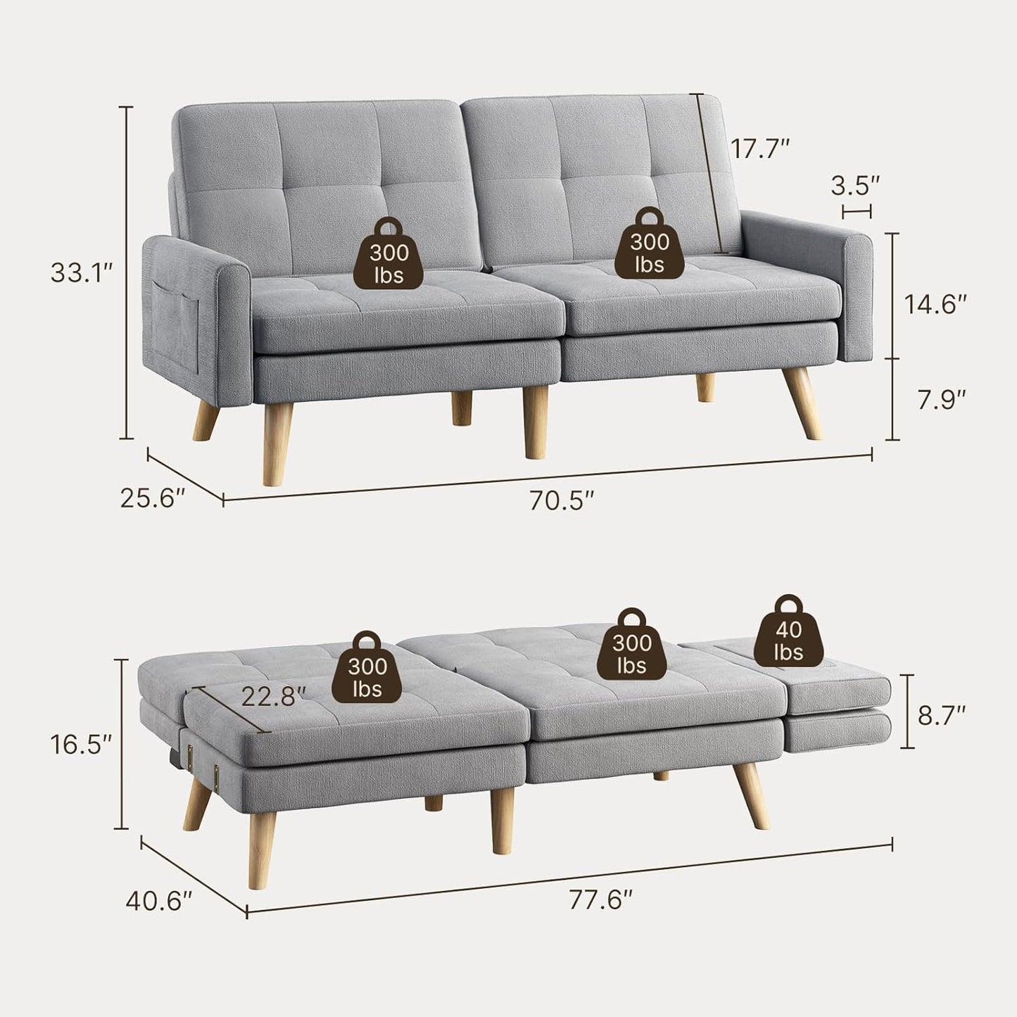 Gizoon 70.9" Sofa Bed, Futon Couch Bed with Adjustable Backrest, Modern Sleeper Sofa with Removable Armrest for Extended Length, Love Seat for Living Room, Office and Small Spaces, Apartment, Grey