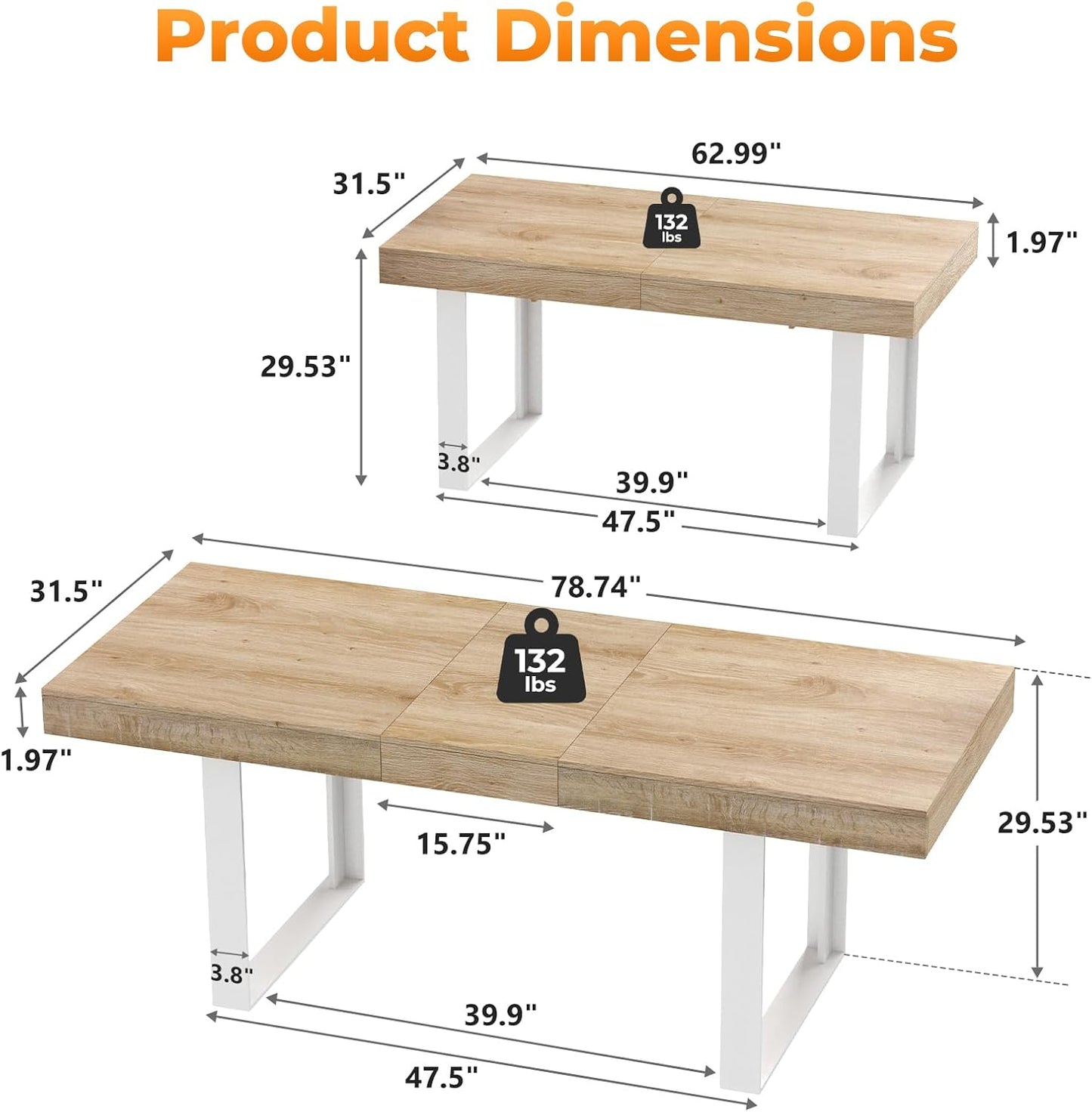 63"-78.7" Expandable Dining Table, 6-10 Farmhouse Kitchen Table, Extendable Dining Table, Rectangular Kitchen Table with Metal Track, Tapered U-Shaped Legs for Dining Room, Office-Oak