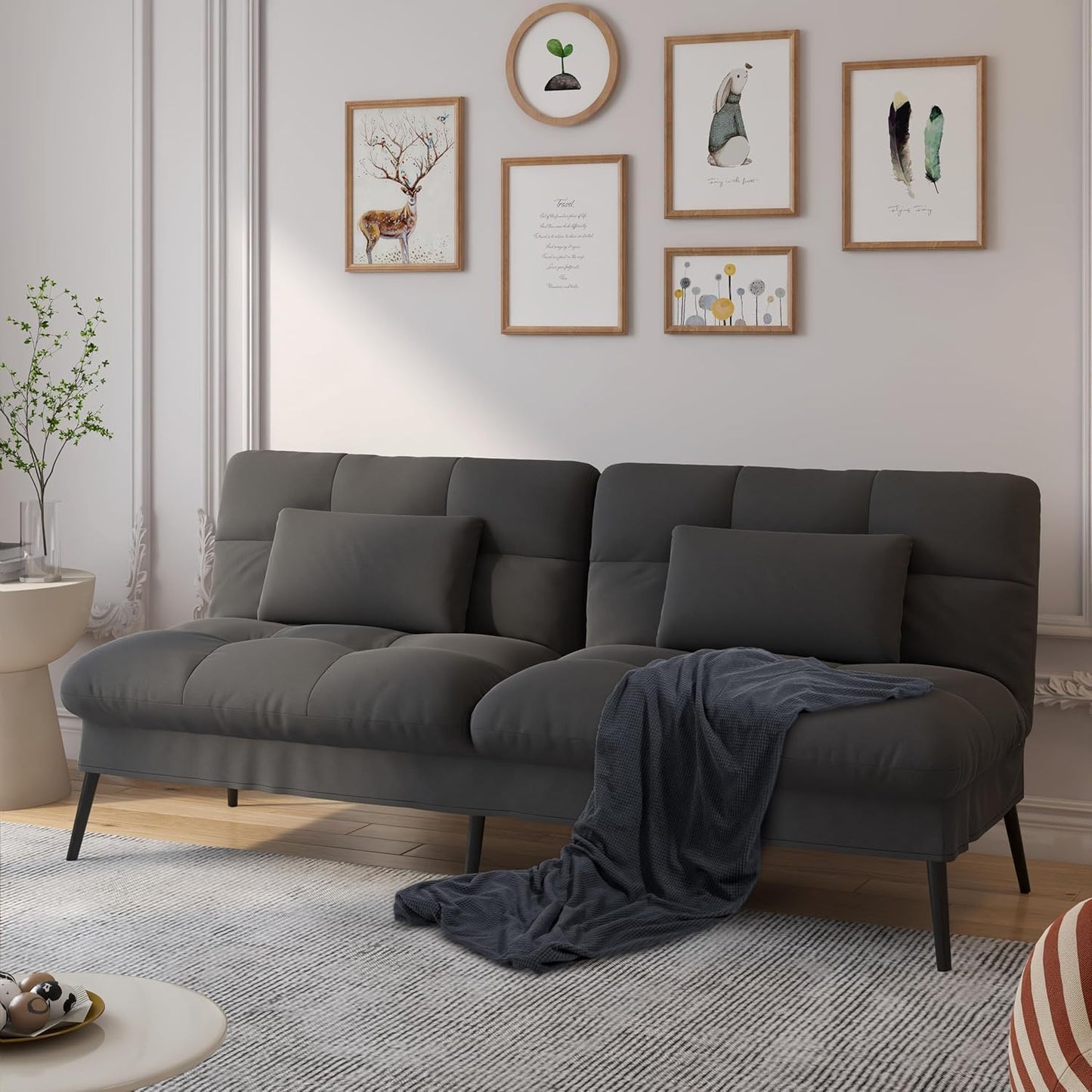 COMHOMA Convertible Sofa Bed,68″Fabric Couch with Adjustable Backrest,Loveseat Recliner Sleeper Living Room Furniture futon Set (Grey)