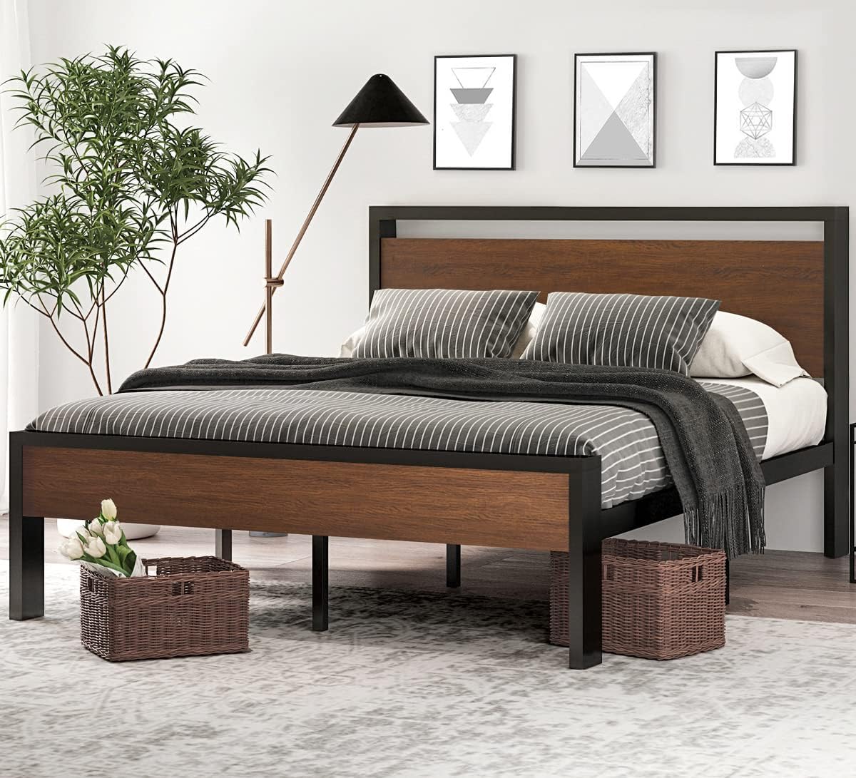 SHA CERLIN 14 Inch Full Size Metal Platform Bed Frame with Wooden Headboard and Footboard, Mattress Foundation, No Box Spring Needed, Large Under Bed Storage, Non-Slip Without Noise, Mahogany