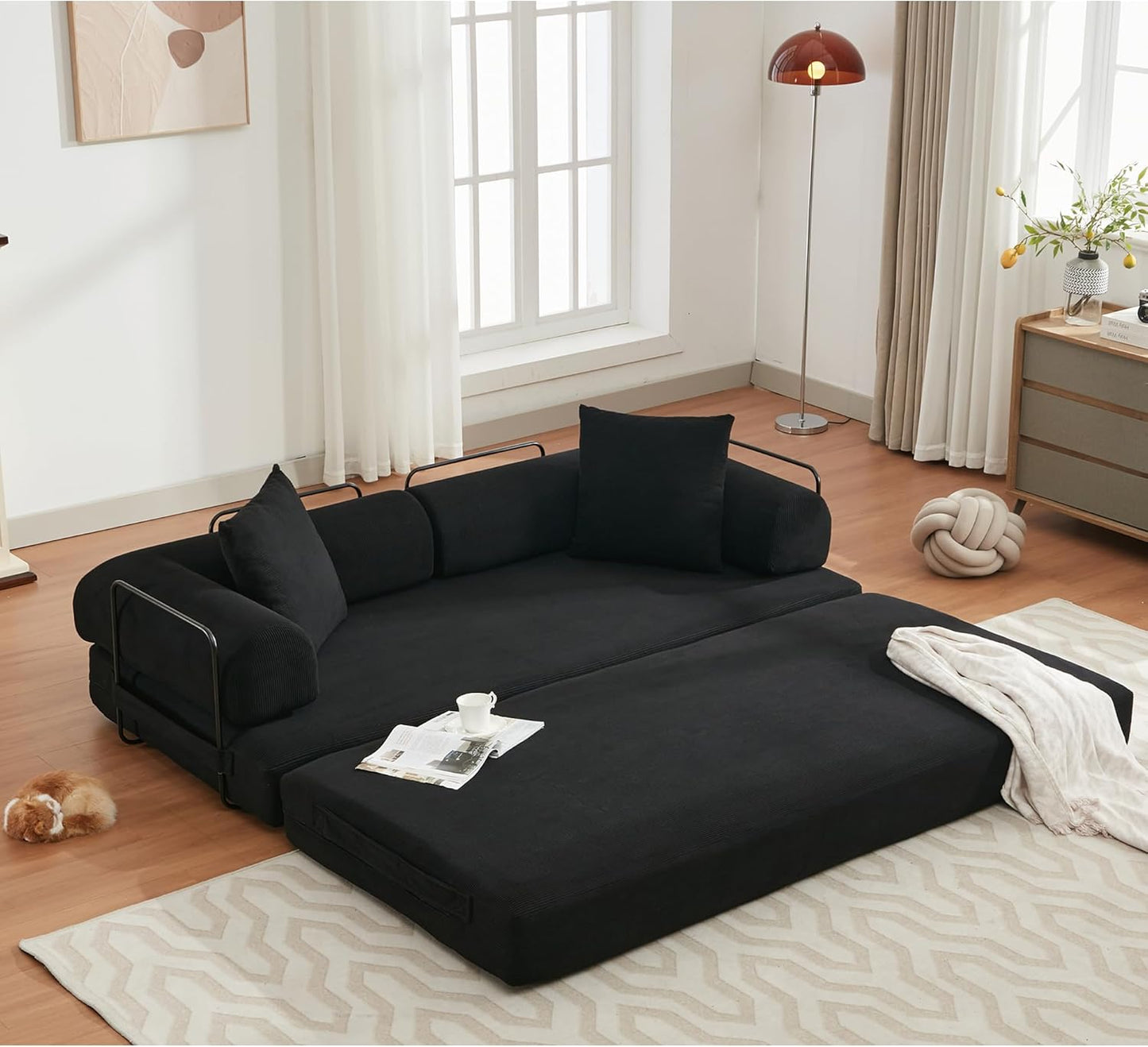 Convertible Sleeper Sofa Bed with Cylindrical Pillow, Corduroy Folding Mattress Couch with Fixed-Shape Frame, Floor Sofa Lounge Couch for Living Room Bedroom Lounge Studio-Green