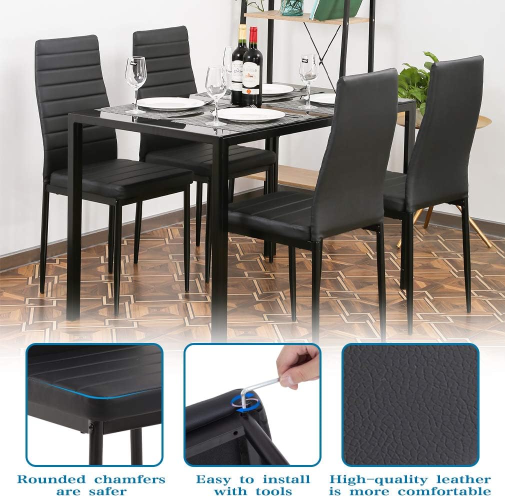 FDW | 5-Piece Dining Table Set | Glass Kitchen Table with 4 Upholstered Chairs | Space-Saving Design | Faux Leather Cushions | Modern Rectangular Table | Black | for Dining Room, Small Spaces