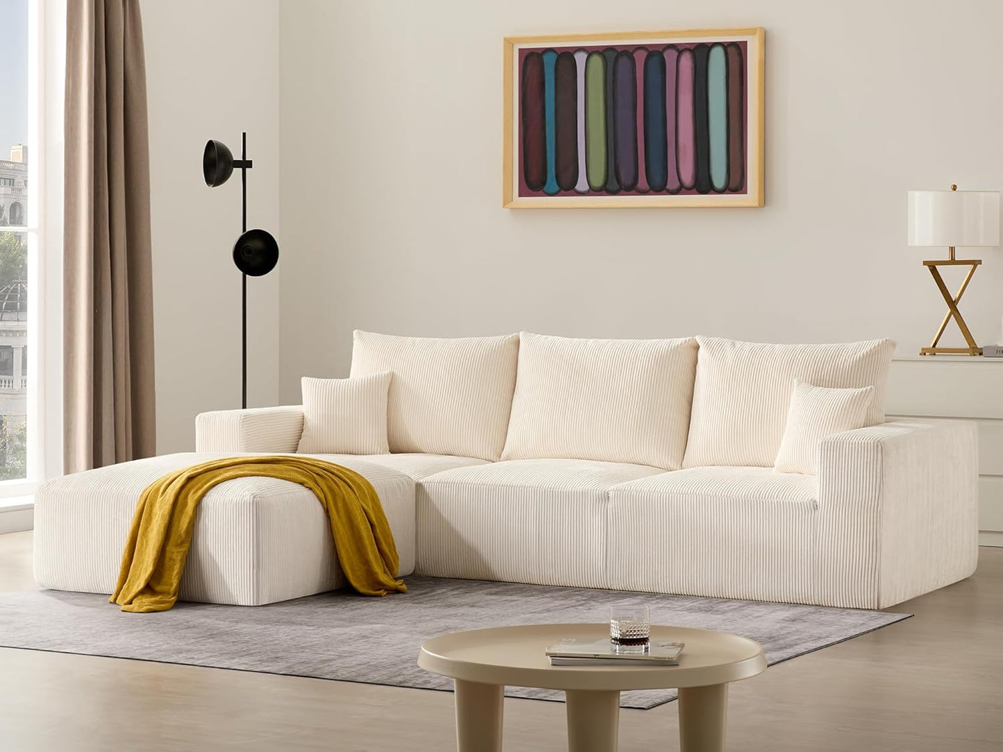 Sectional Cloud Boneless Sofa Bed Couches for Living Room-113'' Beige 3 Seater Modern Lounge Sleeper Couch-No Assembly-Modular Corduroy Convertible Sponge Compression Sofas with Chaise for Home House
