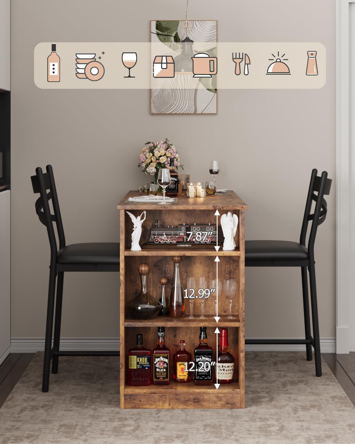 GAOMON 3 Piece Bar Table Set for 2, Bar Table and Chairs Set with with Flip Top Extension, Dining Table Set with Storage Shelves, Suitable for Small Space Kitchen Apartment, Brown