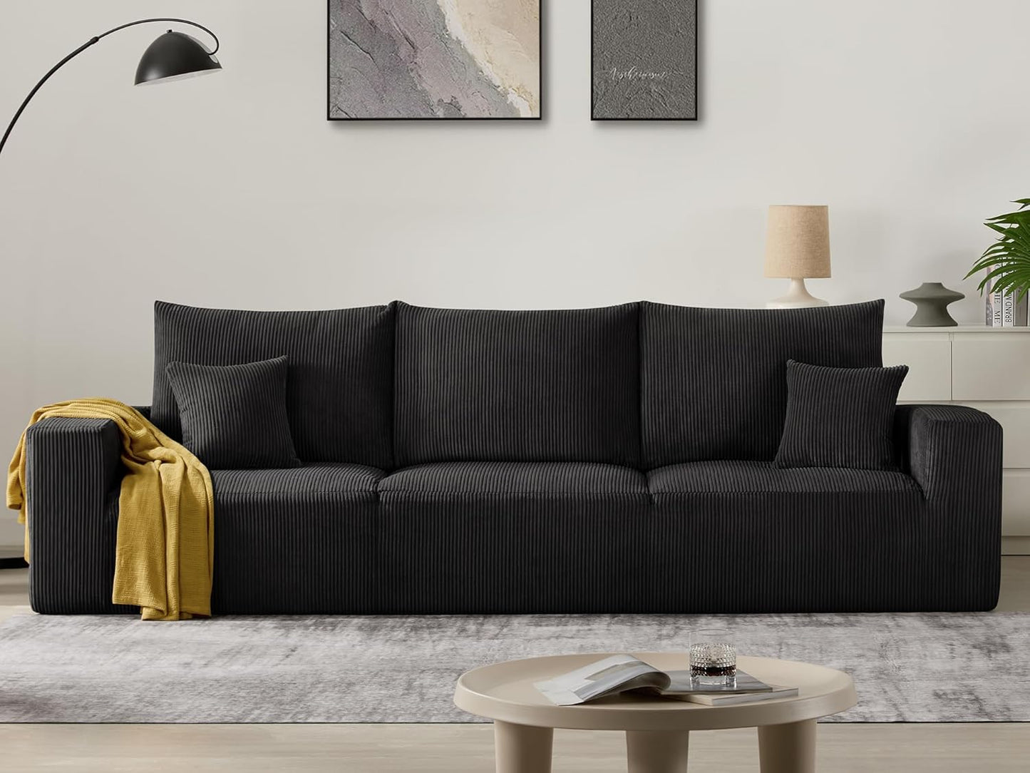 Sectional Cloud Boneless Sofa Bed Couches for Living Room-113'' Beige 3 Seater Modern Lounge Sleeper Couch-No Assembly-Modular Corduroy Convertible Sponge Compression Sofas with Chaise for Home House