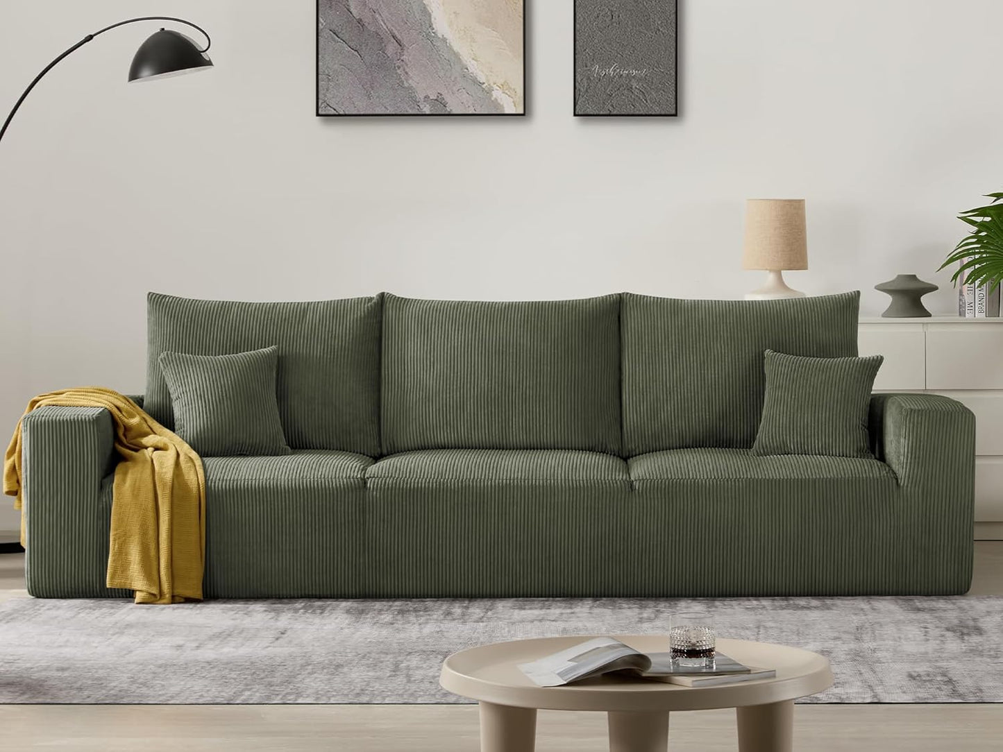 Sectional Cloud Boneless Sofa Bed Couches for Living Room-113'' Beige 3 Seater Modern Lounge Sleeper Couch-No Assembly-Modular Corduroy Convertible Sponge Compression Sofas with Chaise for Home House