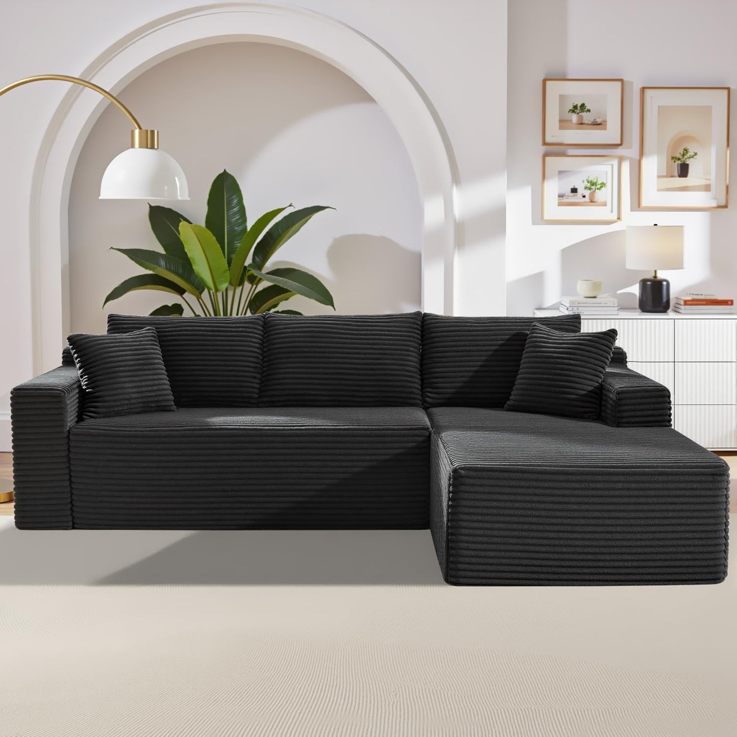 105 Inch Cloud Sectional Couch,Modern Modular Sectional Sofa with Deep Seat,Corduroy Boneless Couches with L-Shape Chaise for Living Room Bedroom,No Assembly Required (Black, Left Facing Chaise)
