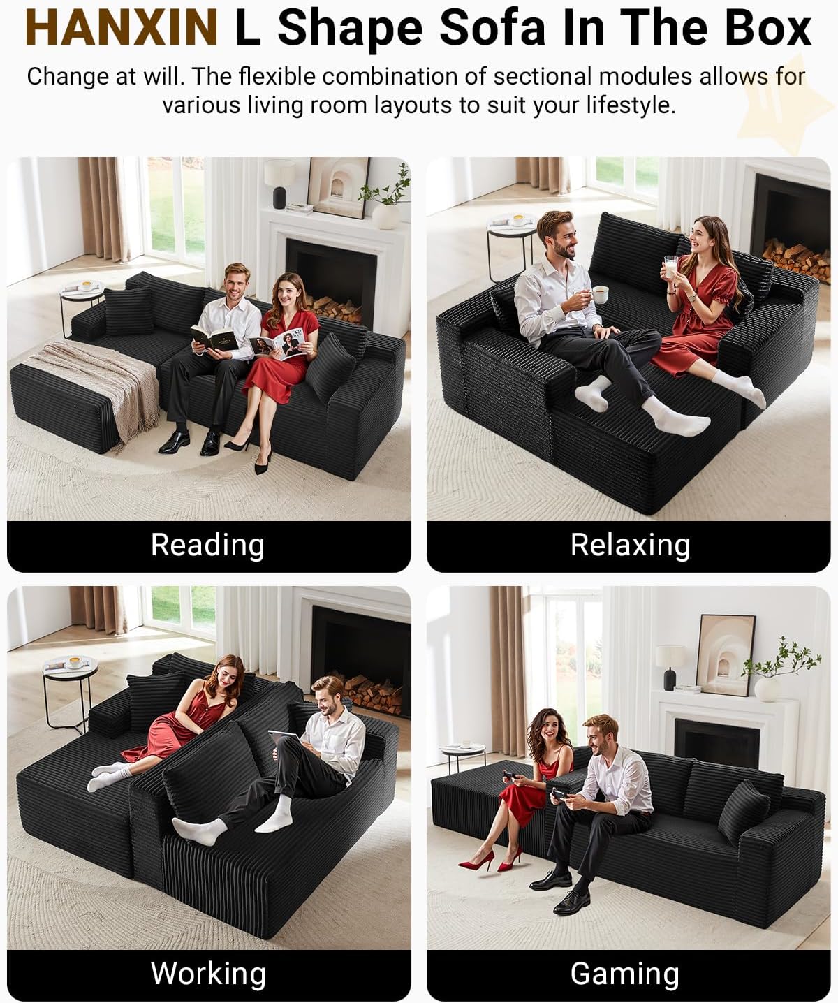 105 Inch Cloud Sectional Couch,Modern Modular Sectional Sofa with Deep Seat,Corduroy Boneless Couches with L-Shape Chaise for Living Room Bedroom,No Assembly Required (Black, Left Facing Chaise)