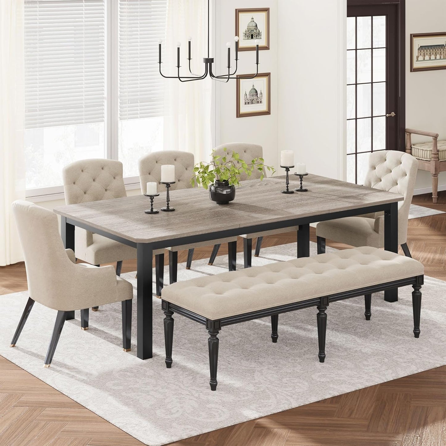 GarveeHome Industrial Dining Table for 6-8 People, 78.7" Long Wooden Kitchen Table with Sturdy Metal Frame & Rustic Brown Finish - Seats 6 Rectangular Counter for Dinner, Kitchen (Grey, Only Table)