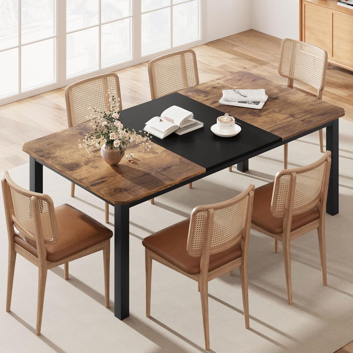GarveeHome Industrial Dining Table for 6-8 People, 78.7" Long Wooden Kitchen Table with Sturdy Metal Frame & Rustic Brown Finish - Seats 6 Rectangular Counter for Dinner, Kitchen (Grey, Only Table)