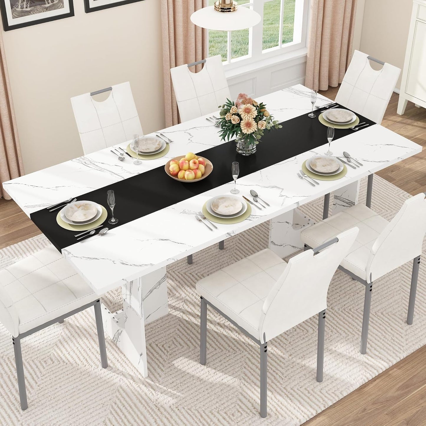 71 Inch Rectangular Dining Table for 6-8 People, Farmhouse Wood Kitchen Table with Wooden Legs, Farmhouse Center Kitchen Table for Dining Room, Kitchen & Living Room, Brown