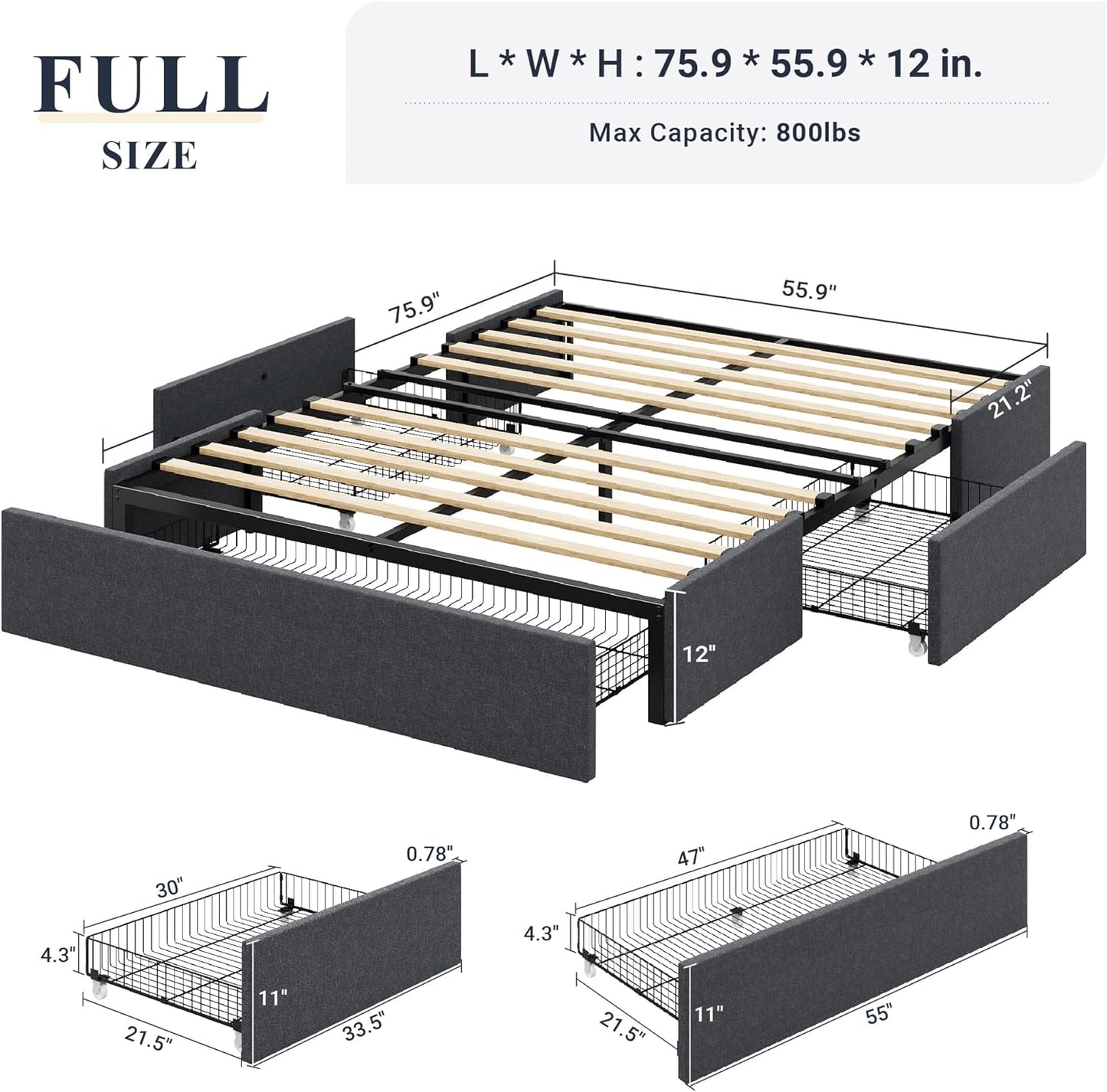 Allewie Full Size Platform Bed Frame with 3 Storage Drawers, Fabric Upholstered, Wooden Slats Support, No Box Spring Needed, Noise Free, Easy Assembly, Dark Grey