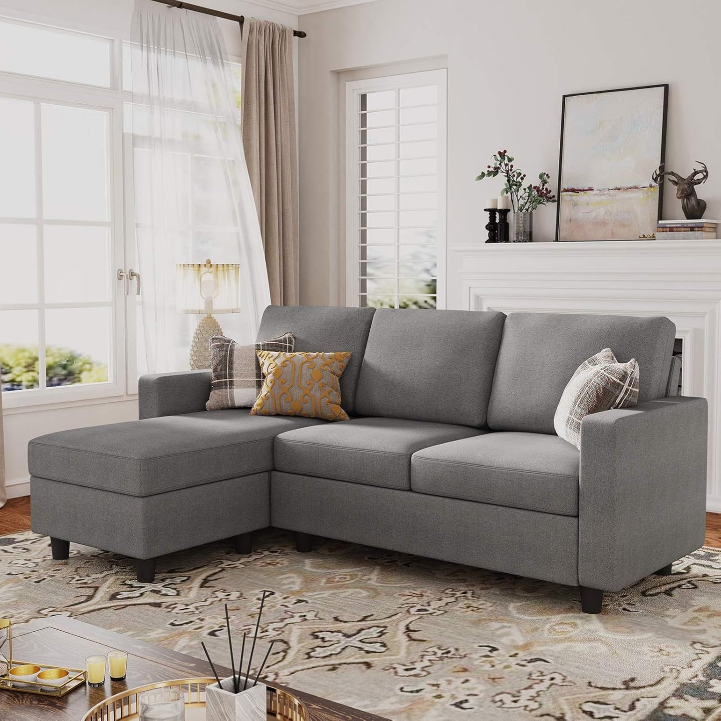 HONBAY L Shaped Couch with Linen Fabric,Convertible, Reversible Sectional Sofa for Small Space, Dark Beige