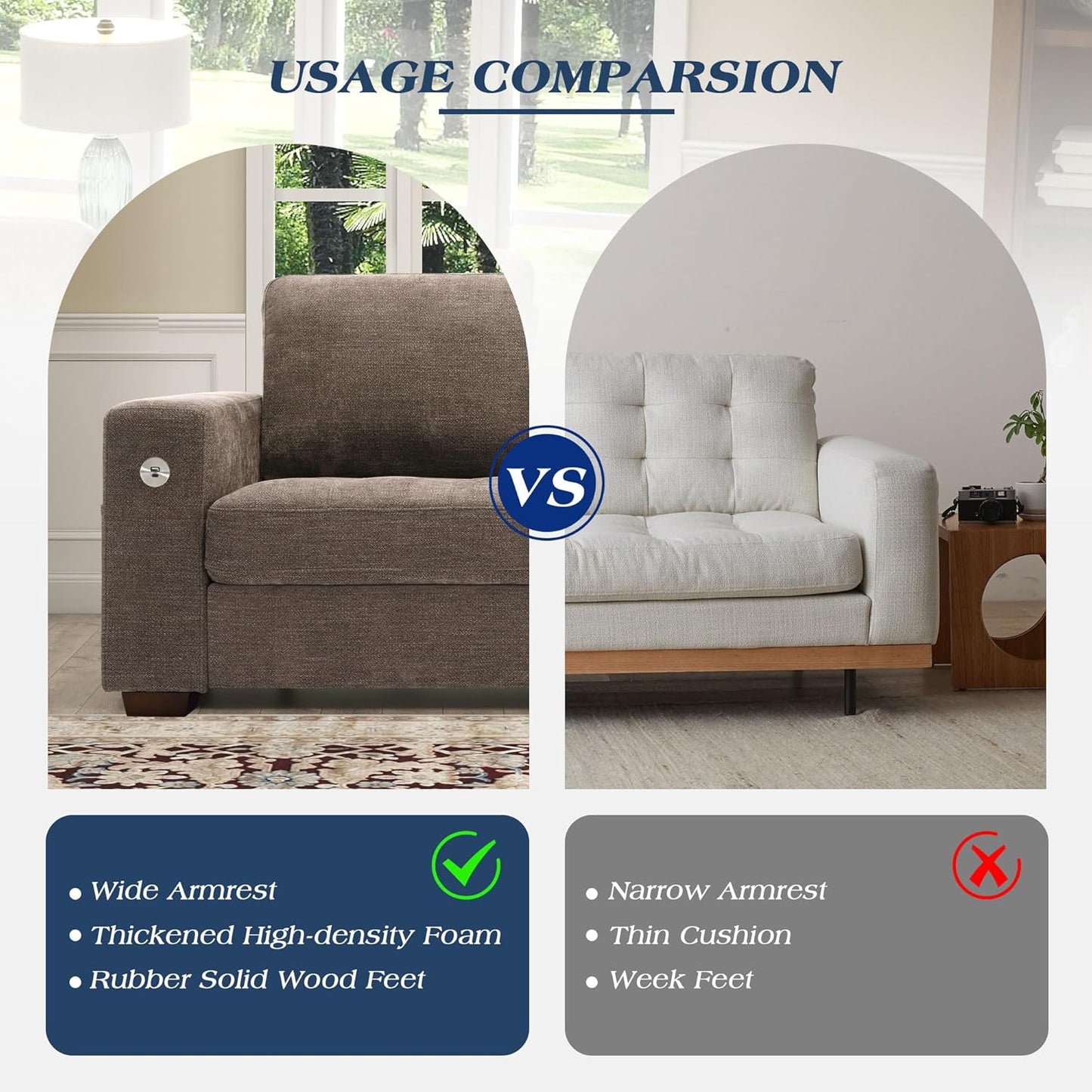 Sofas for Living Room, Chenille Loveseat Couch Set, Small Sofa, 3 Seater Sofa, USB Charging, Removable Sofa Cover,Solid Wood Frame, Easy to Install(89inch,Brown)