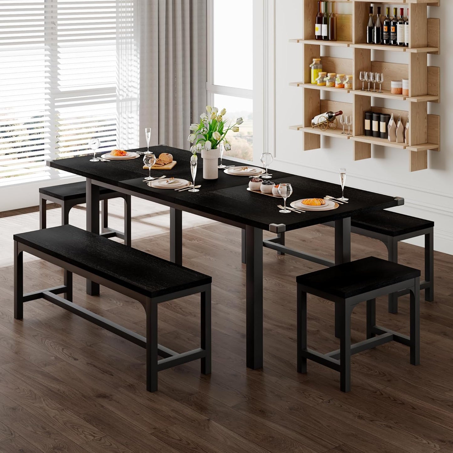 Feonase 5-Piece Dining Table Set for 4-8 People, 63" Extendable Kitchen Table with 2 Benches and 2 Square Stools, Mid-Century Modern Wooden Dining Room Table, Space-Saving, Walnut