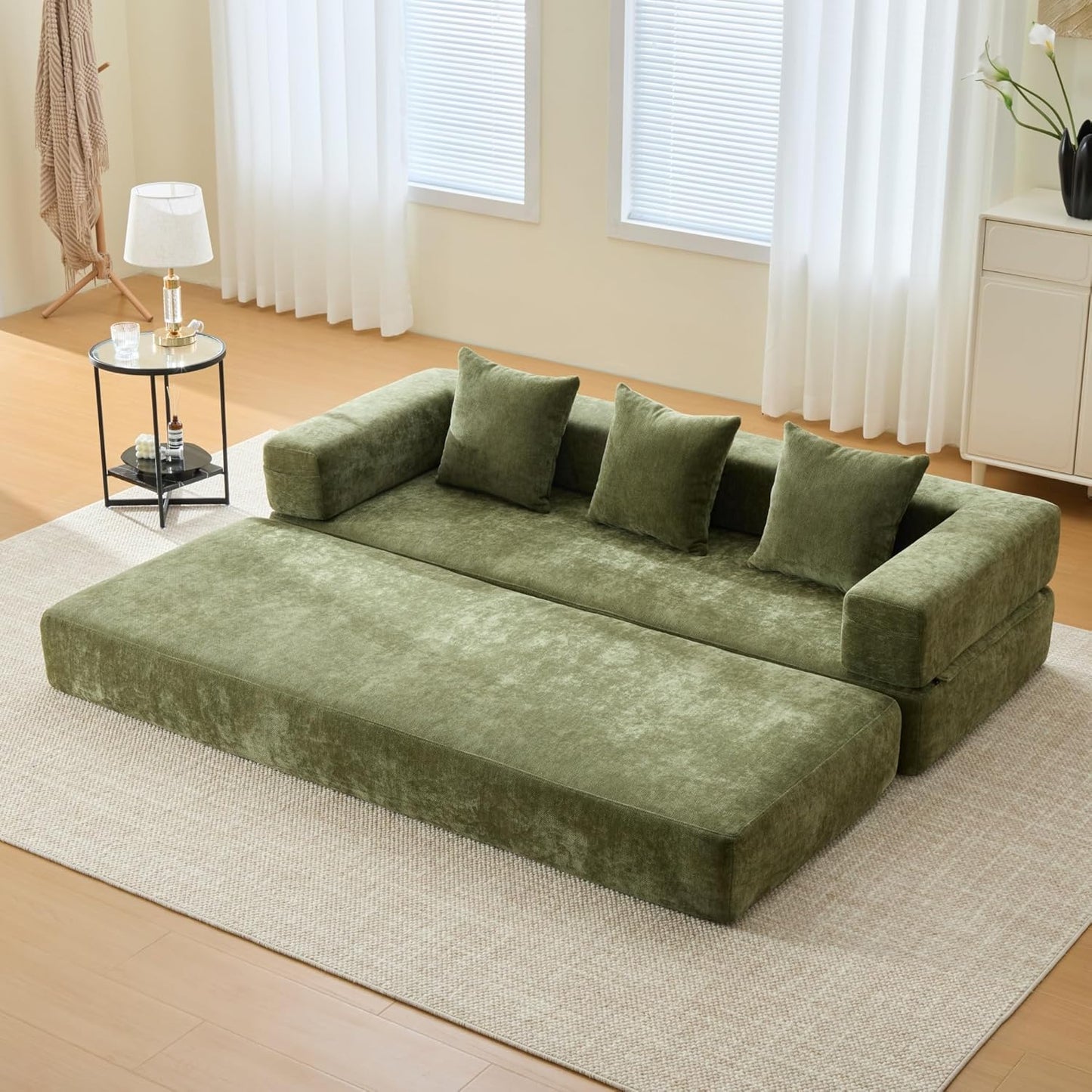 Convertible Sleeper Sofa Bed with Cylindrical Pillow, Corduroy Folding Mattress Couch with Fixed-Shape Frame, Floor Sofa Lounge Couch for Living Room Bedroom Lounge Studio-Green
