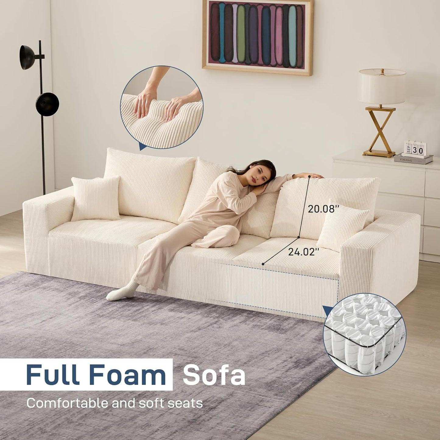 Sectional Cloud Boneless Sofa Bed Couches for Living Room-113'' Beige 3 Seater Modern Lounge Sleeper Couch-No Assembly-Modular Corduroy Convertible Sponge Compression Sofas with Chaise for Home House