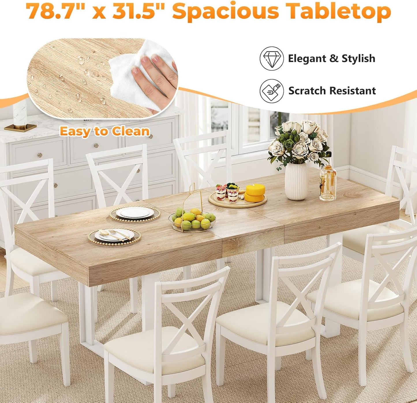 63"-78.7" Expandable Dining Table, 6-10 Farmhouse Kitchen Table, Extendable Dining Table, Rectangular Kitchen Table with Metal Track, Tapered U-Shaped Legs for Dining Room, Office-Oak