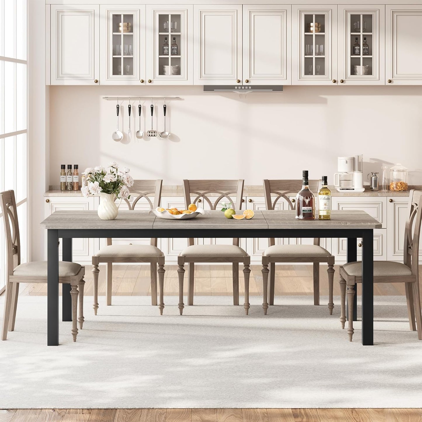 GarveeHome Industrial Dining Table for 6-8 People, 78.7" Long Wooden Kitchen Table with Sturdy Metal Frame & Rustic Brown Finish - Seats 6 Rectangular Counter for Dinner, Kitchen (Grey, Only Table)