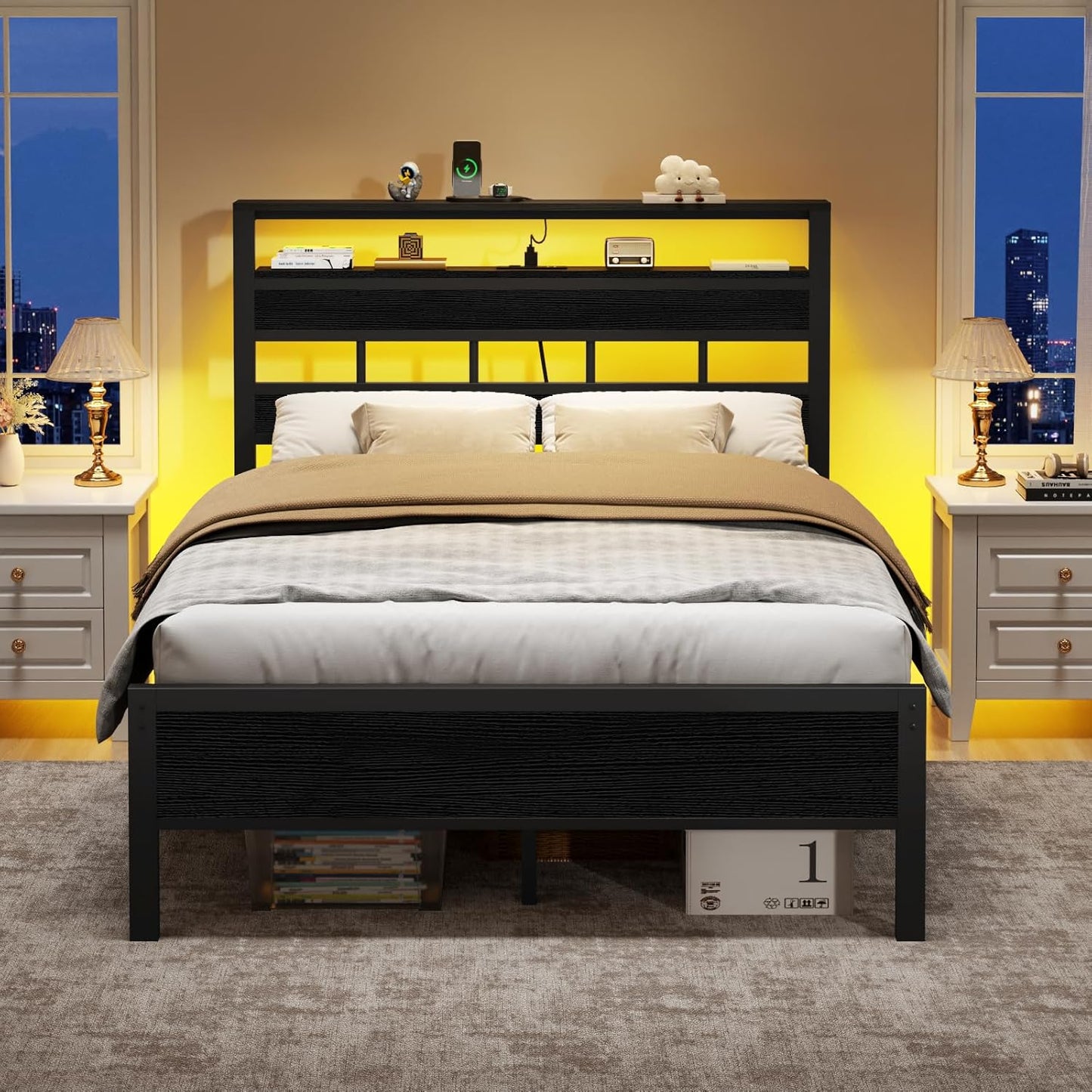 Furnulem Full Size Bed Frame with LED Light and Charging Station, Wood Storage Headboard with 2-Tier Shelves, Metal Platform Bed with Heavy Duty Slats Support, No Box Spring Needed, Black Oak