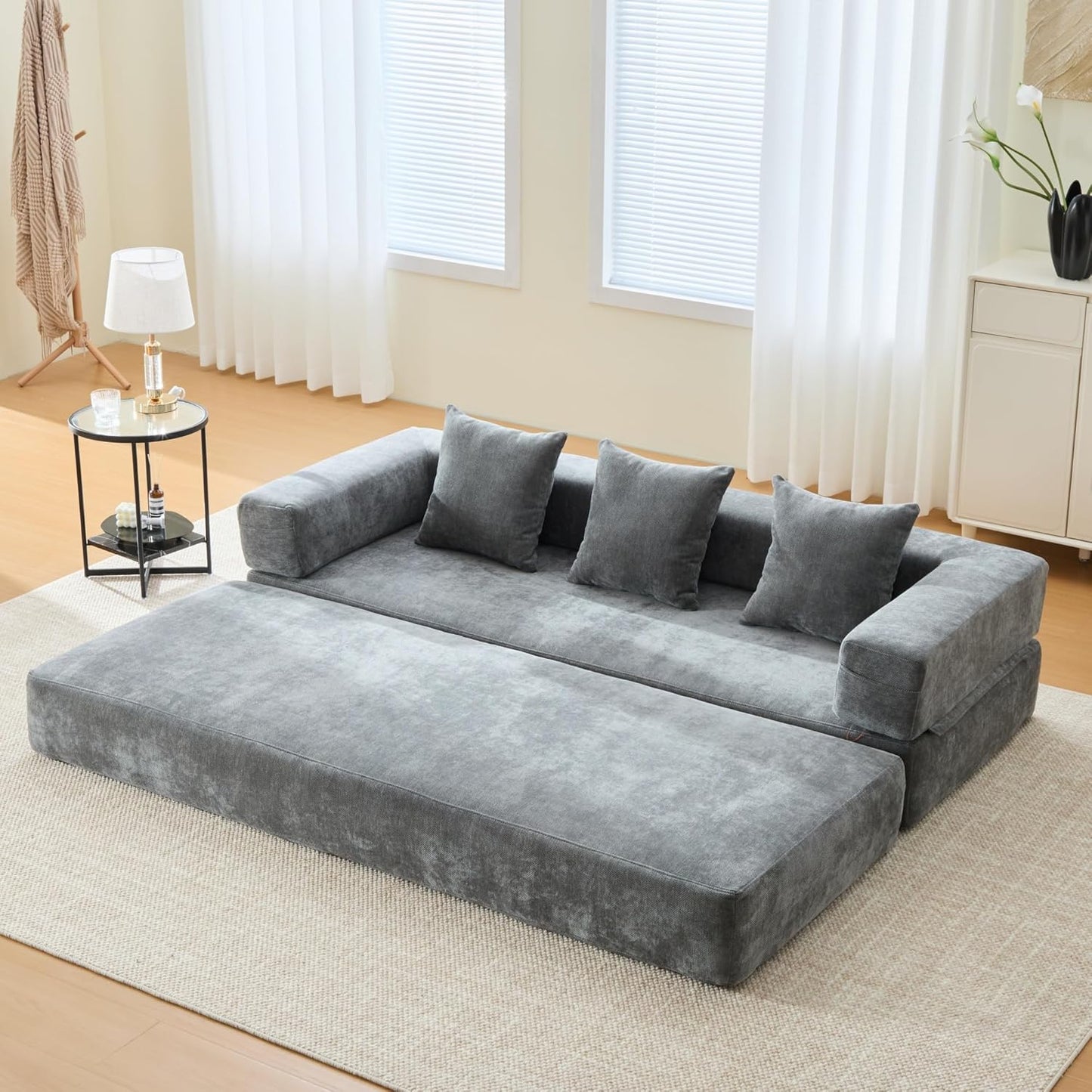 Convertible Sleeper Sofa Bed with Cylindrical Pillow, Corduroy Folding Mattress Couch with Fixed-Shape Frame, Floor Sofa Lounge Couch for Living Room Bedroom Lounge Studio-Green