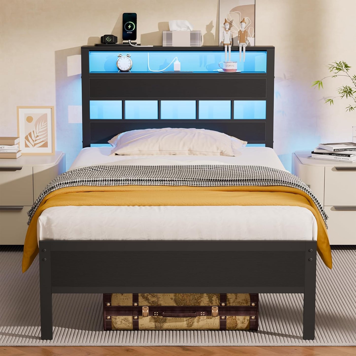 Furnulem Full Size Bed Frame with LED Light and Charging Station, Wood Storage Headboard with 2-Tier Shelves, Metal Platform Bed with Heavy Duty Slats Support, No Box Spring Needed, Black Oak