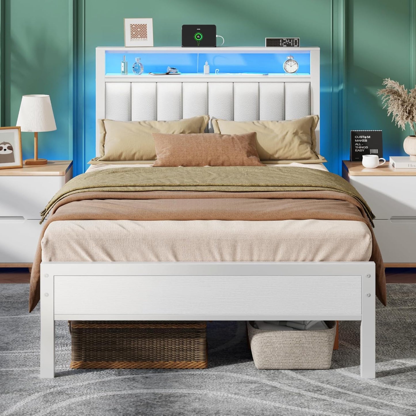 Furnulem Twin Size Bed Frame with Charging Station and LED Lights, Platform Bed with Metal Slats, Grey Upholstered Headboard with 2-Tier Storage Shelves, No Box Spring Needed