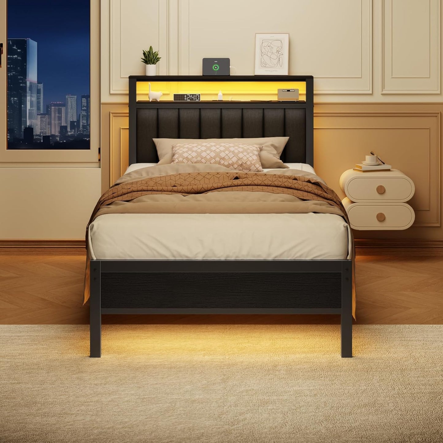 Furnulem Twin Size Bed Frame with Charging Station and LED Lights, Platform Bed with Metal Slats, Grey Upholstered Headboard with 2-Tier Storage Shelves, No Box Spring Needed