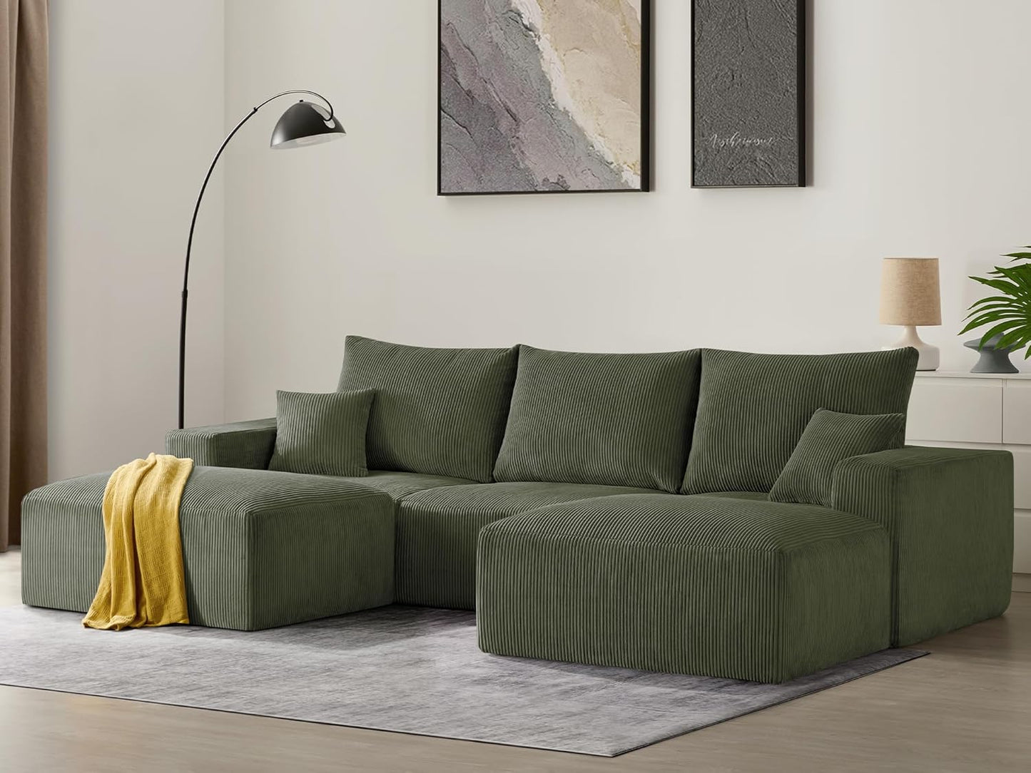 Sectional Cloud Boneless Sofa Bed Couches for Living Room-113'' Beige 3 Seater Modern Lounge Sleeper Couch-No Assembly-Modular Corduroy Convertible Sponge Compression Sofas with Chaise for Home House