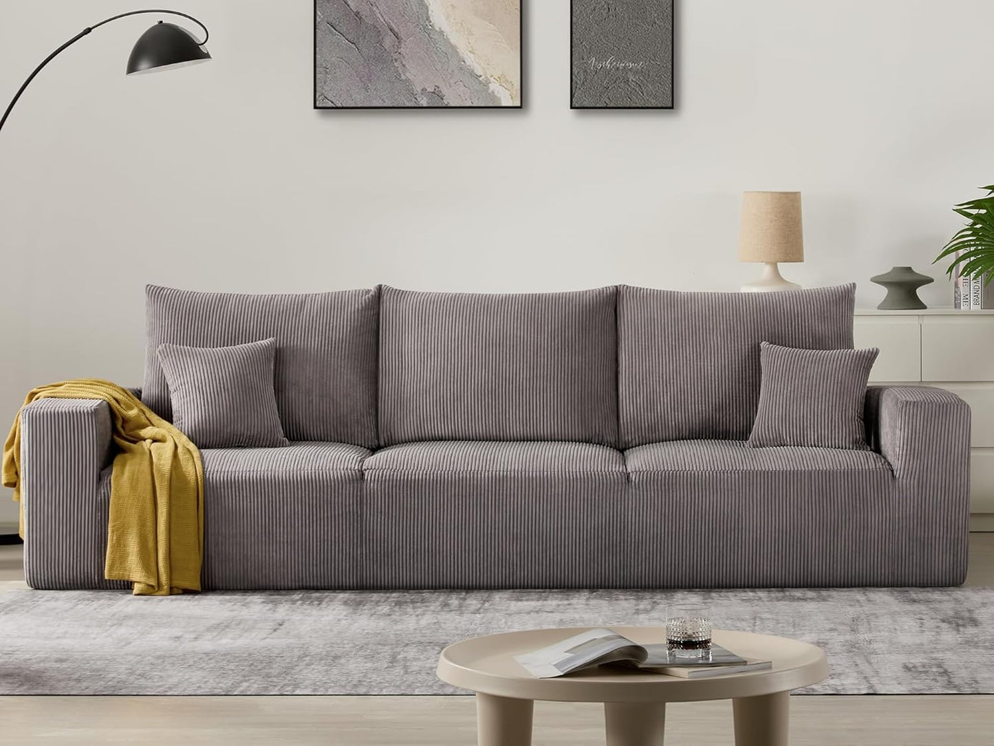 Sectional Cloud Boneless Sofa Bed Couches for Living Room-113'' Beige 3 Seater Modern Lounge Sleeper Couch-No Assembly-Modular Corduroy Convertible Sponge Compression Sofas with Chaise for Home House