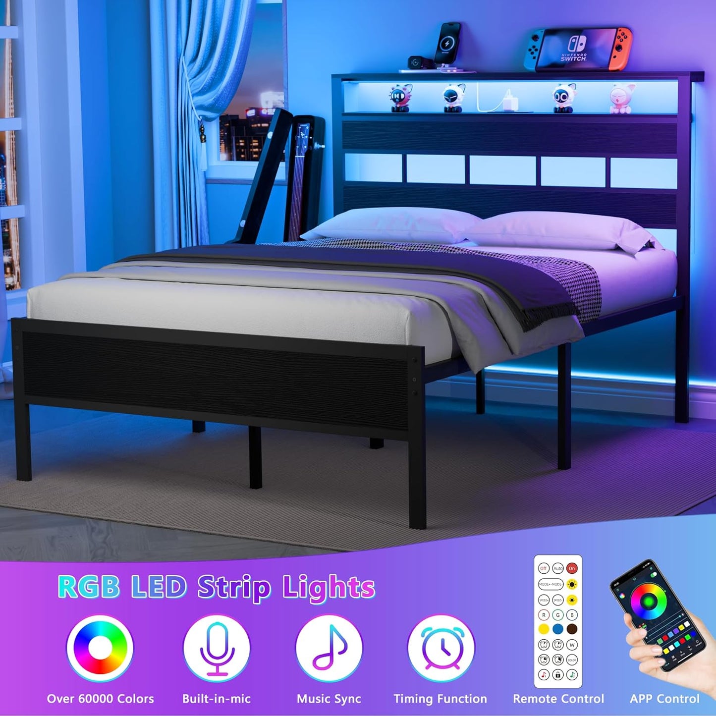Furnulem Full Size Bed Frame with LED Light and Charging Station, Wood Storage Headboard with 2-Tier Shelves, Metal Platform Bed with Heavy Duty Slats Support, No Box Spring Needed, Black Oak