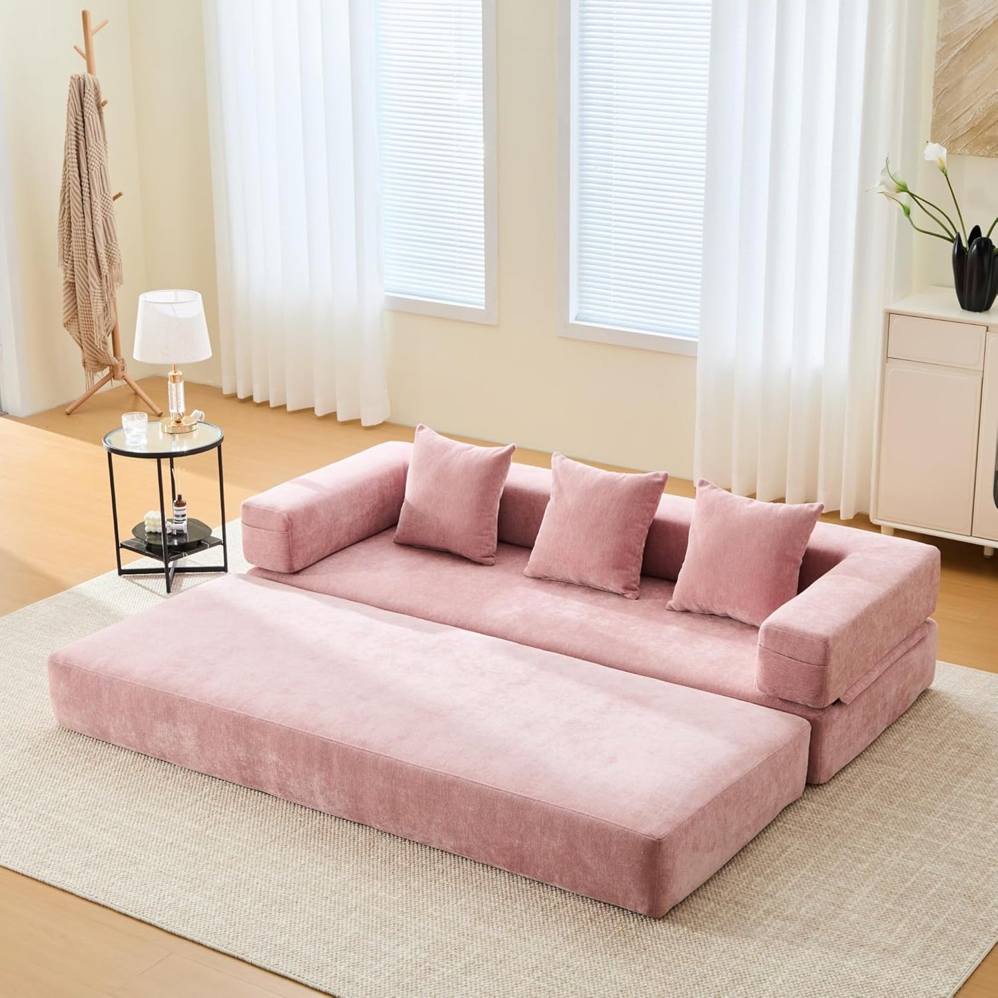 Convertible Sleeper Sofa Bed with Cylindrical Pillow, Corduroy Folding Mattress Couch with Fixed-Shape Frame, Floor Sofa Lounge Couch for Living Room Bedroom Lounge Studio-Green