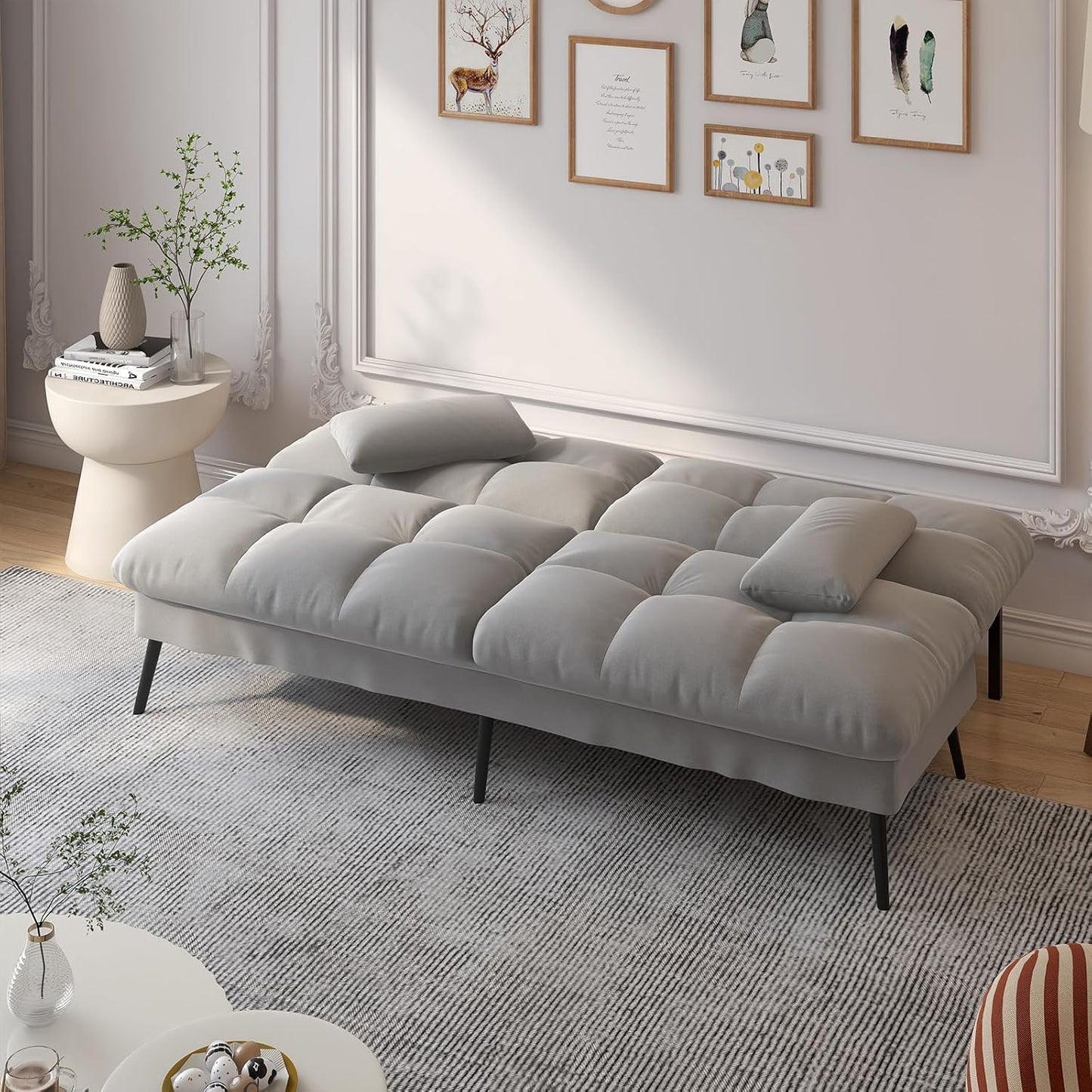 COMHOMA Convertible Sofa Bed,68″Fabric Couch with Adjustable Backrest,Loveseat Recliner Sleeper Living Room Furniture futon Set (Grey)