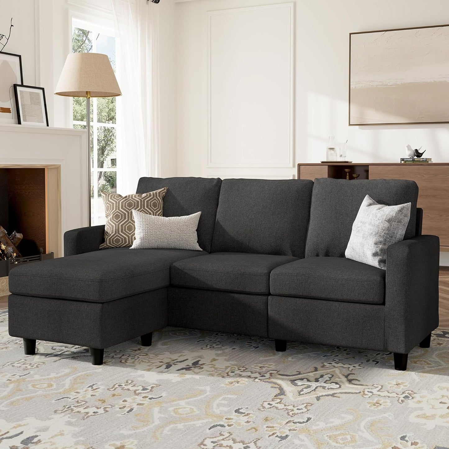 HONBAY L Shaped Couch with Linen Fabric,Convertible, Reversible Sectional Sofa for Small Space, Dark Beige