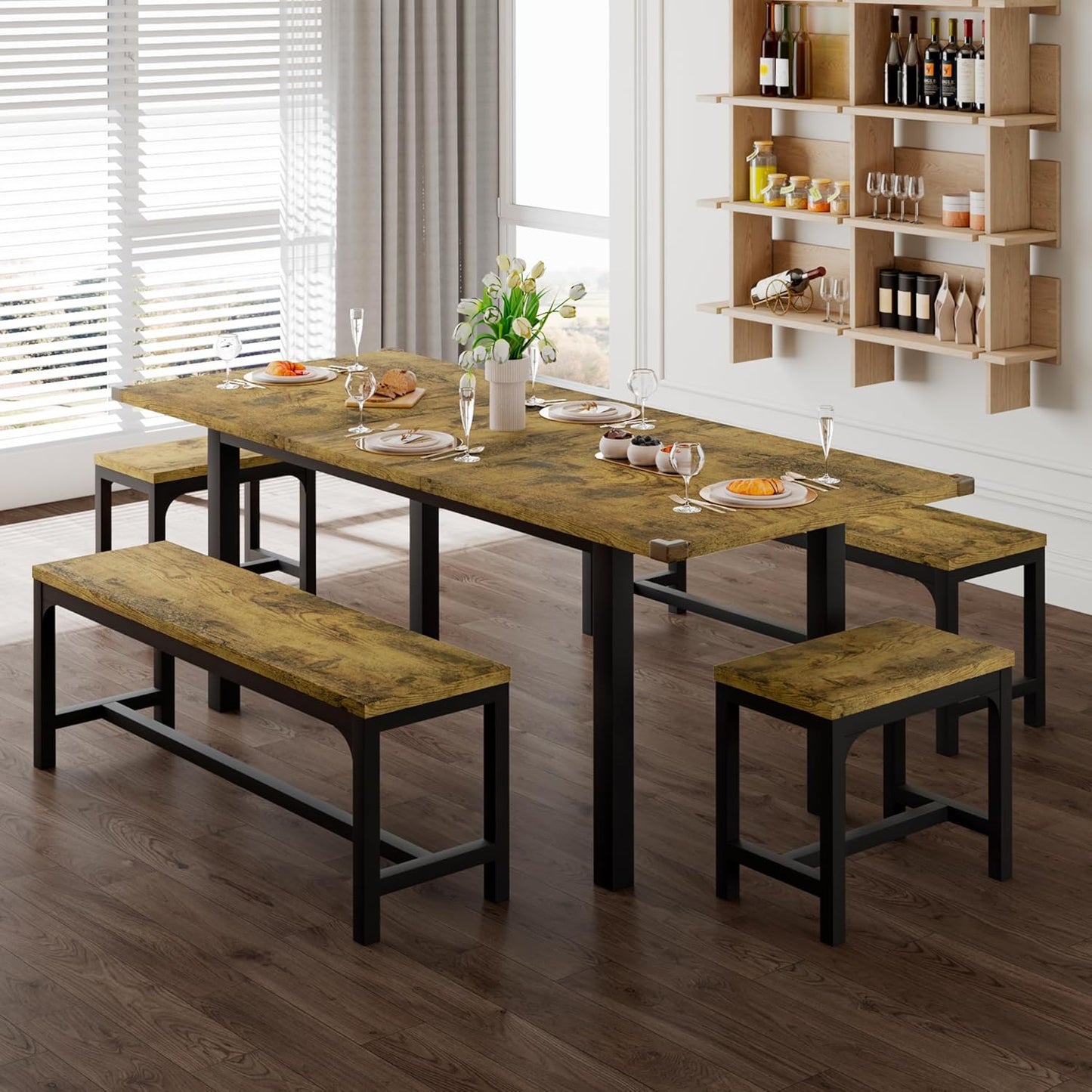 Feonase 5-Piece Dining Table Set for 4-8 People, 63" Extendable Kitchen Table with 2 Benches and 2 Square Stools, Mid-Century Modern Wooden Dining Room Table, Space-Saving, Walnut