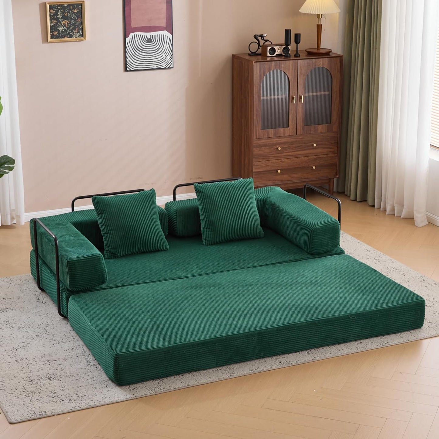 Convertible Sleeper Sofa Bed with Cylindrical Pillow, Corduroy Folding Mattress Couch with Fixed-Shape Frame, Floor Sofa Lounge Couch for Living Room Bedroom Lounge Studio-Green